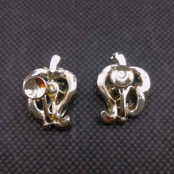 Vintage Green Rhinestone Earrings Screw Back Victorian Style Floral Leaf Silver - Picture 11 of 13